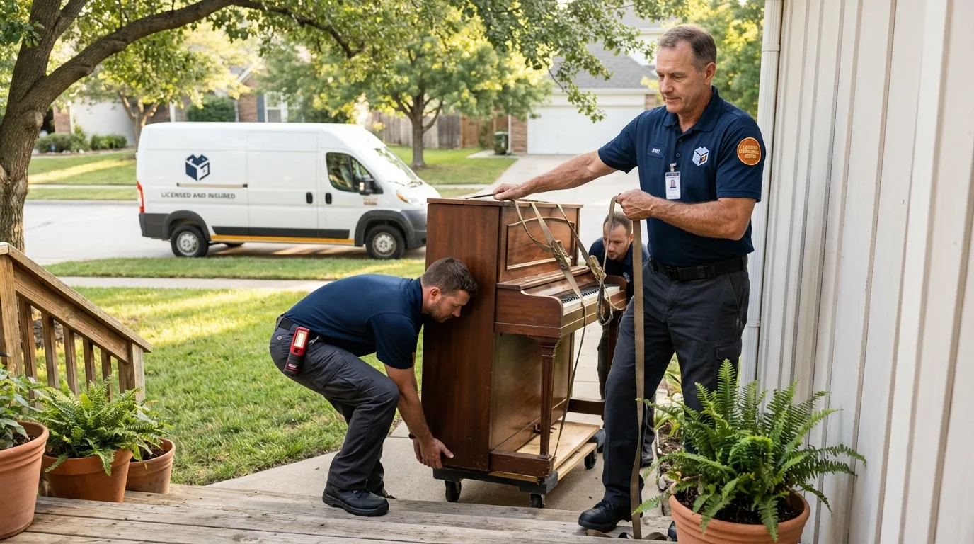 Licensed piano movers securing grand piano in Brown City, MI