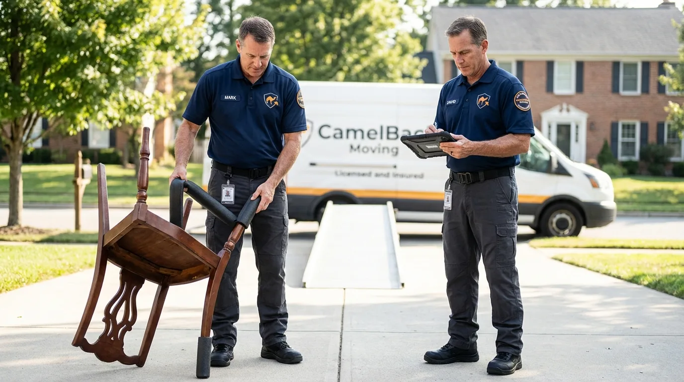 Movers inspecting furniture for damage prevention before loading in Brown City, MI