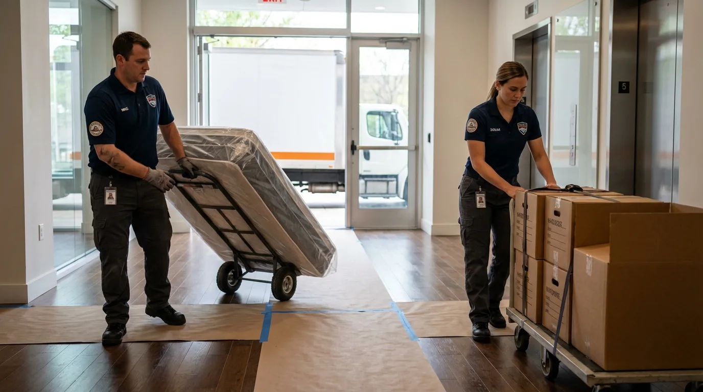 Professional apartment movers loading elevator in Brown City, MI