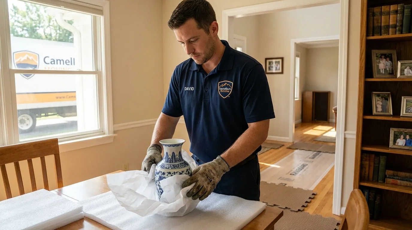 Professional crew carefully wrapping antique vase for senior downsizing move in Brown City, MI