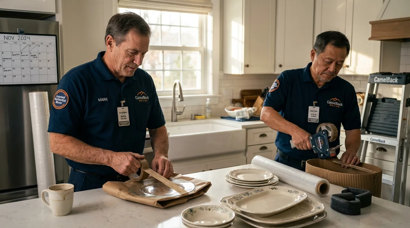 Professional crew packing kitchen dishware in Brown City, MI